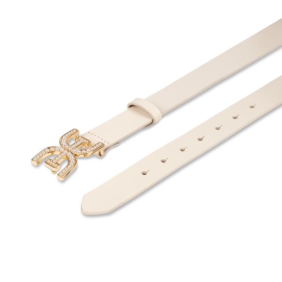 Women\'s Pearl Embellished Double-e Logo Plaque Buckle Belt, Ivory, Large💫